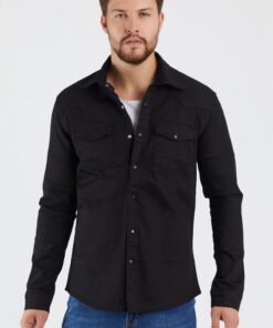 Erkek Siyah Haki Renk Slım Fıt Gabardin Gömlek